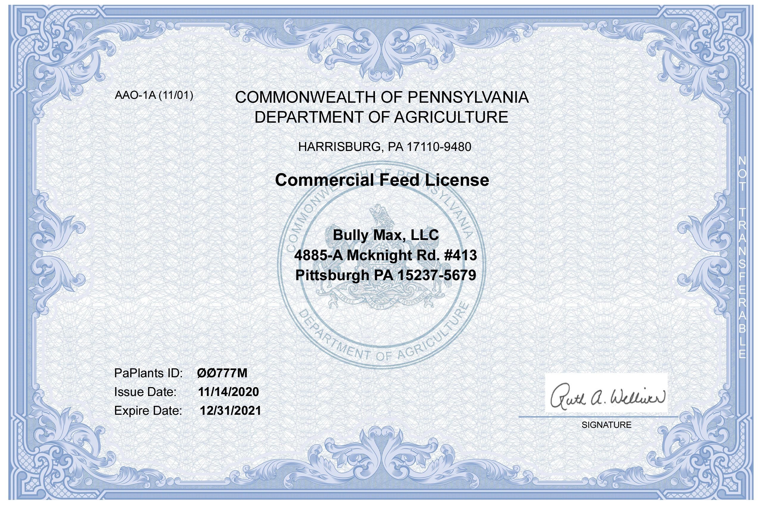 Bully Max AAFCO Feed License
